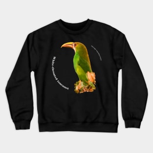 White-throated toucanet tropical bird on top of a tree pin white text Crewneck Sweatshirt